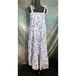 Madison Mathews Blue Floral Maxi Dress Tie‎ Shoulder Tiered Cotton Bohemian M